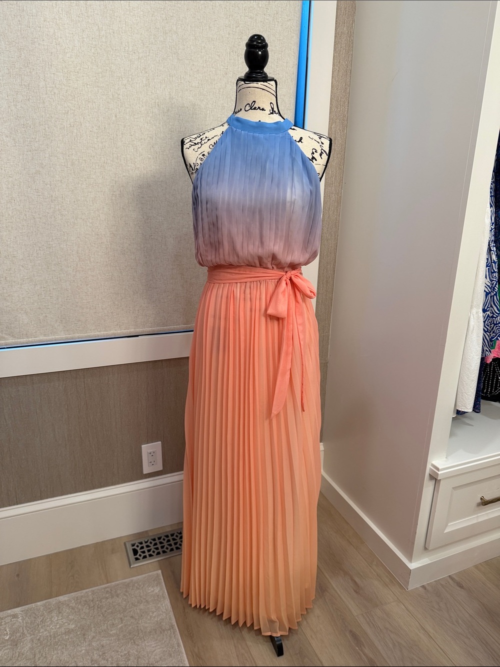 Jealous Tomato Blue to Peach Ombre Halter Pleated Maxi Dress